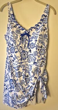New Rotita Floral Blue & White Swim Dress Size L Cruise Swim Beach Pool